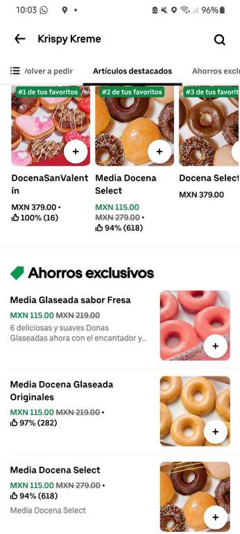 Uber Eats: Media docena donas select, glaseada y fresa,krispy cream $115 en uber eats 
