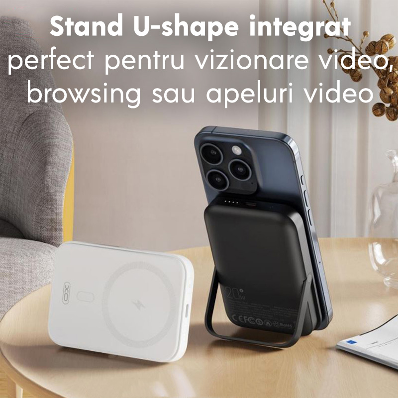 Baterie externa cu incarcare wireless XO PR242, 15W+PD20W, Magnetica, Suport Stand, 5000mAh, Incarcare rapida, Alb baterie magsafe xo pr242 5000mah suport sustinere incarcare rapida cu port type c negru 6