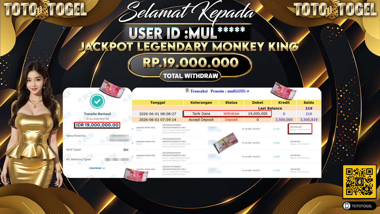 Bukti Pembayaran Jackpot Permainan Slot Legendary Monkey King ID:MUL*****LUNAS