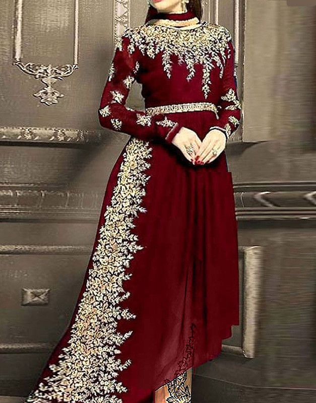 Embroidered Crinkle Chiffon Frock (Maroon) with Chiffon Dupatta