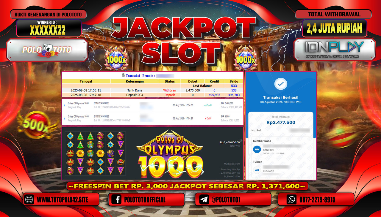 POLOTOTO JACKPOT SLOT GATES OF OLYMPUS 1000 Rp.2.400.000,-LUNAS