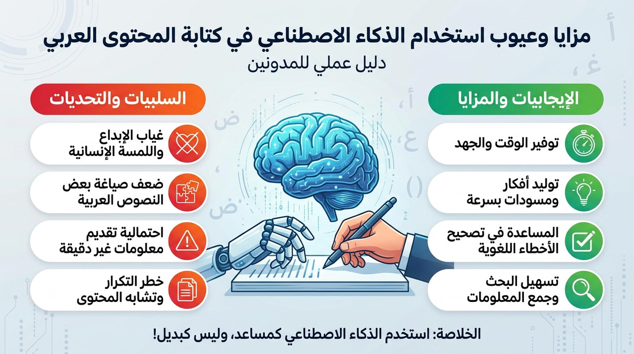 إنفوجرافيك مزايا وعيوب أدوات AI محتوى عربي — دليل عملي للمدونين