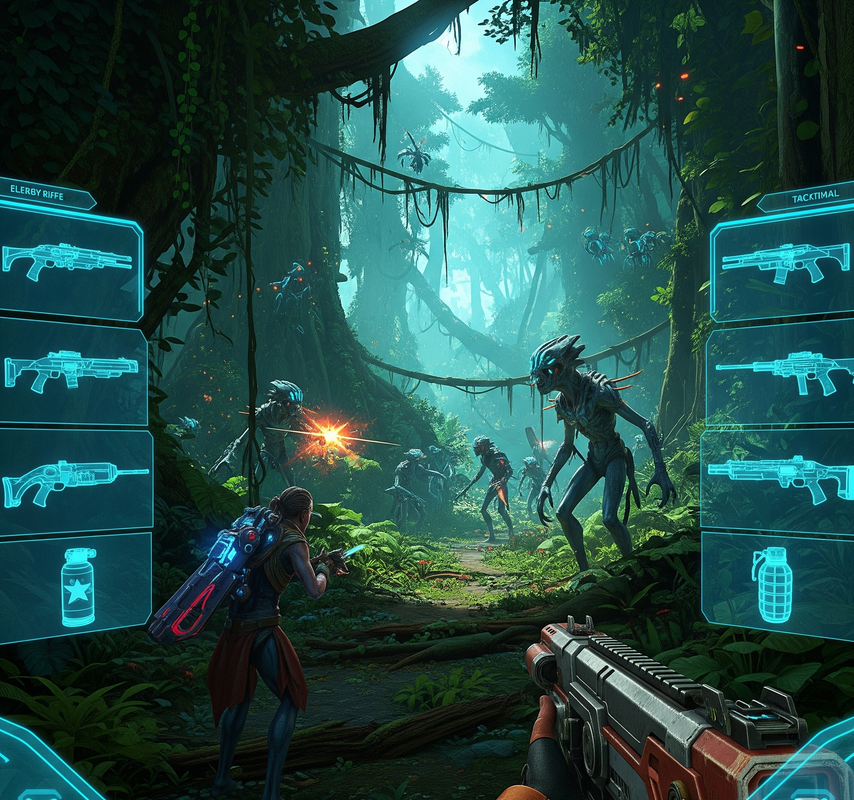 Encounter with an alien civilization in the jungle (in-game view)