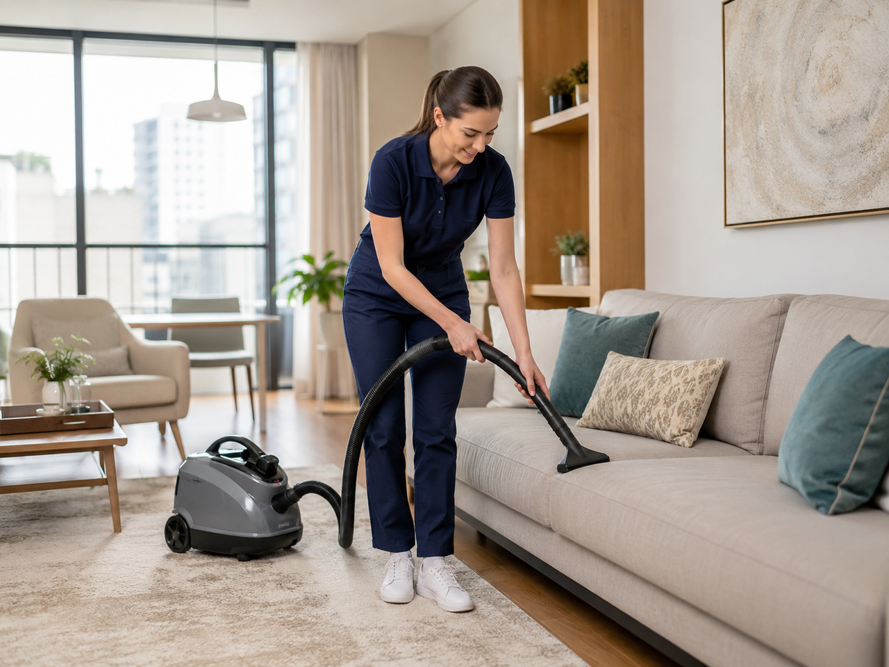 Cleaner vacuum sofa dan carpet area di ruang tamu