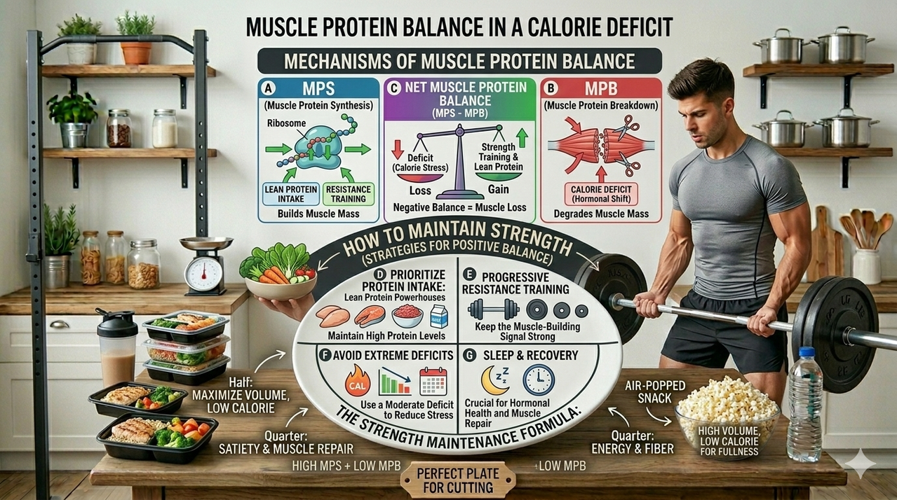 Diagram showing muscle protein synthesis vs breakdown during calorie deficit for how to maintain strength while in a calorie deficit