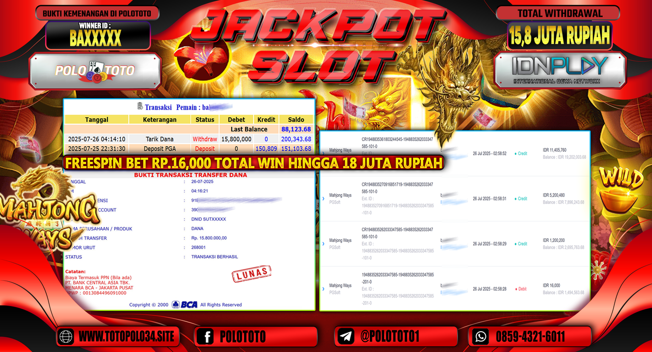 POLOTOTO JACKPOT SLOT MAHJONG WAYS Rp.15.800.000,-LUNAS