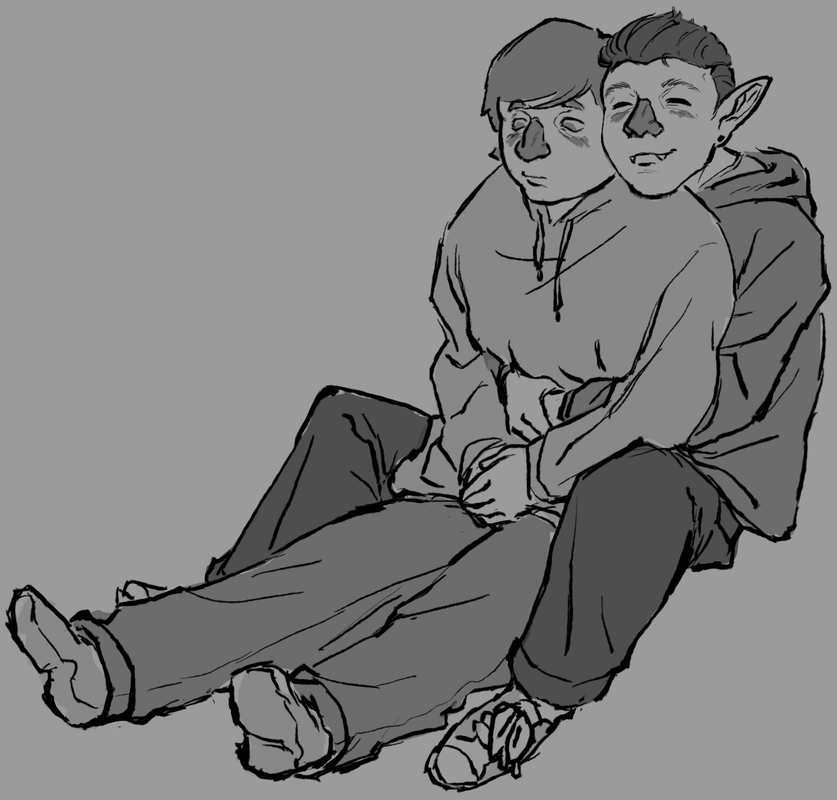 an uncoloured sketch of young protag and busdriver from knuckle sandwich cuddling