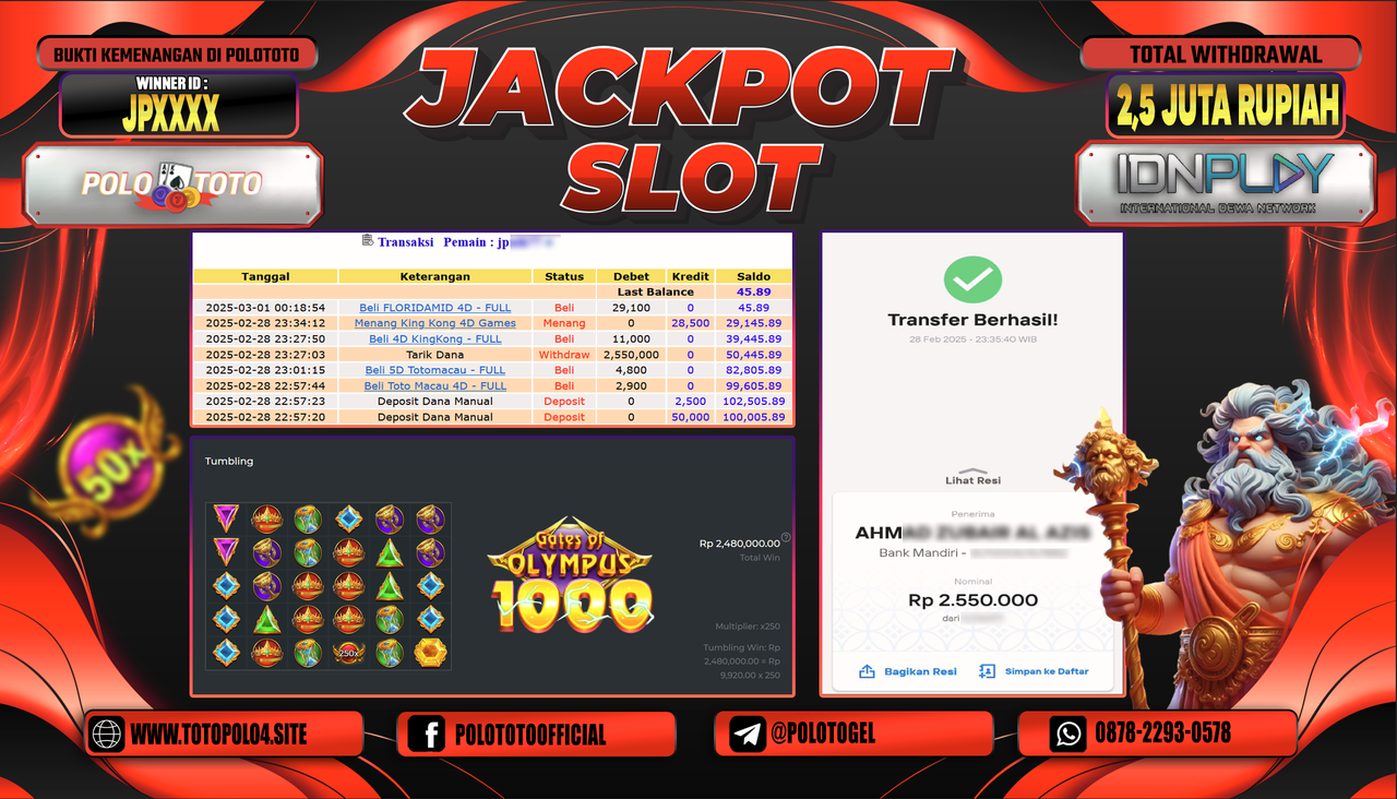 POLOTOTO JACKPOT SLOT GATES OF OLYMPUS 1000 Rp.2.550.000,-