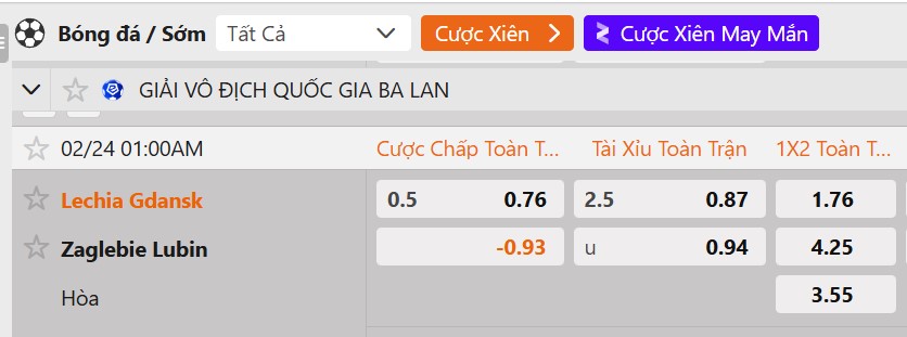 Tỷ lệ kèo Lechia Gdansk vs Zaglebie Lubin