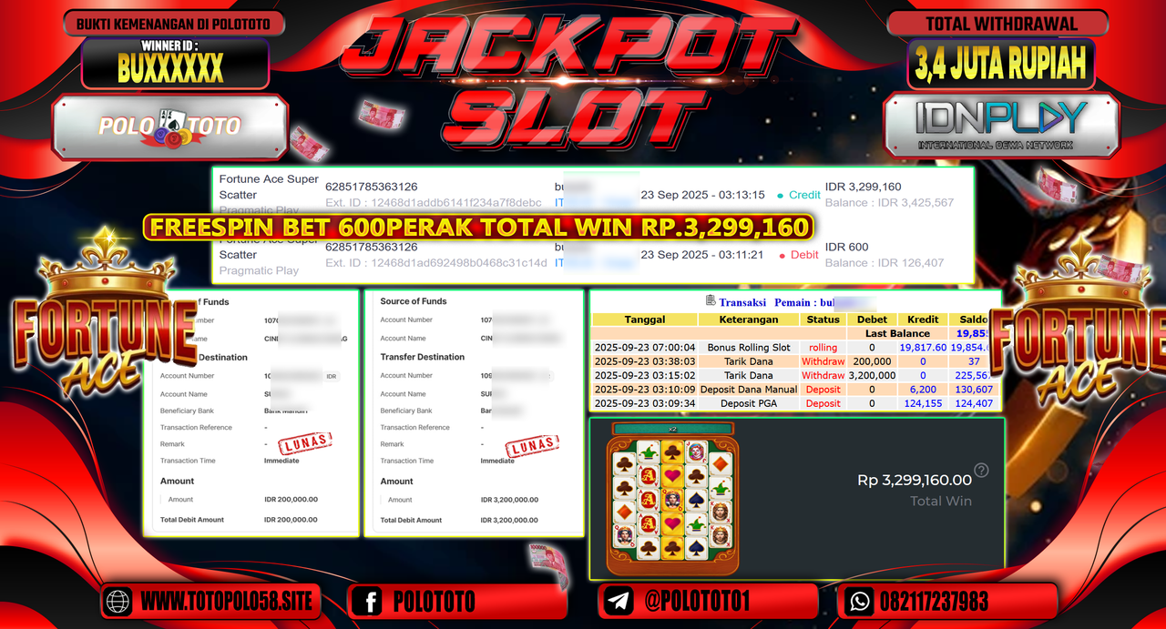 POLOTOTO JACKPOT SLOT FORTUNE ACE SUPER SCATTER Rp.3.400.000,-
