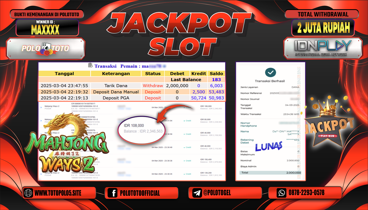 POLOTOTO JACKPOT SLOT MAHJONG WAYS 2 Rp.2.000.000,-