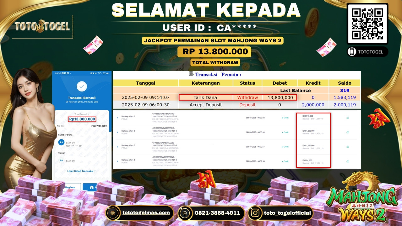 Bukti Pembayaran Jackpot  Permainan Slot Mahjong Ways 2  ID:CA****  LUNAS