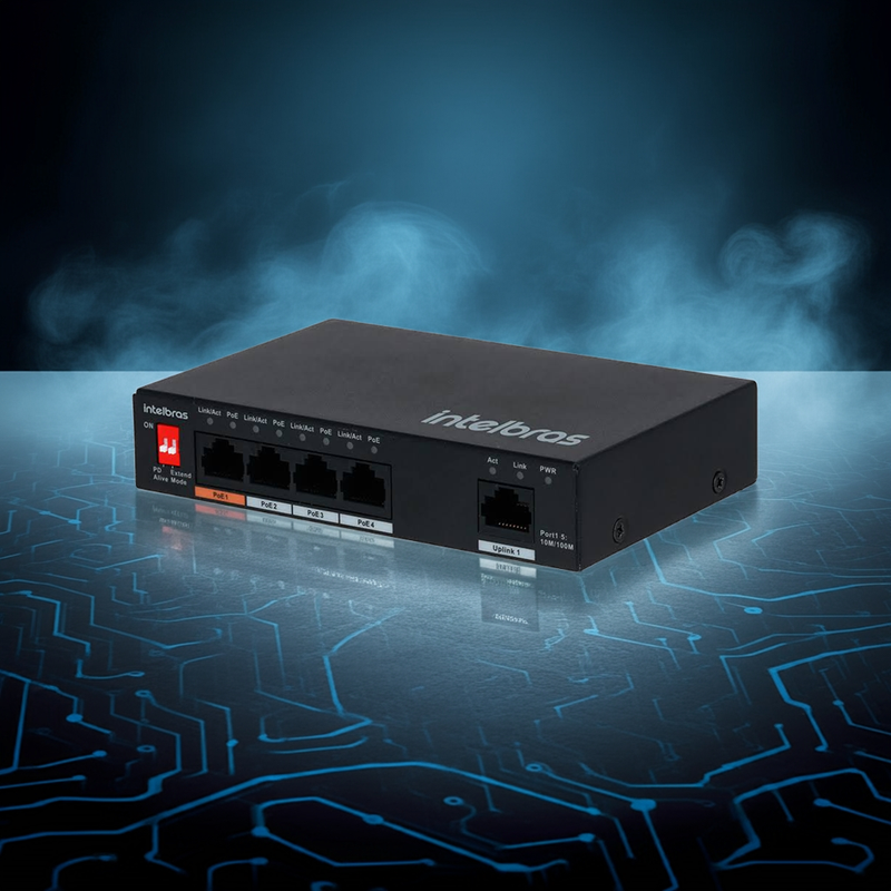 Vista superior do Switch Intelbras SF 500 Hi-PoE, mostrando o design compacto e os LEDs indicadores.