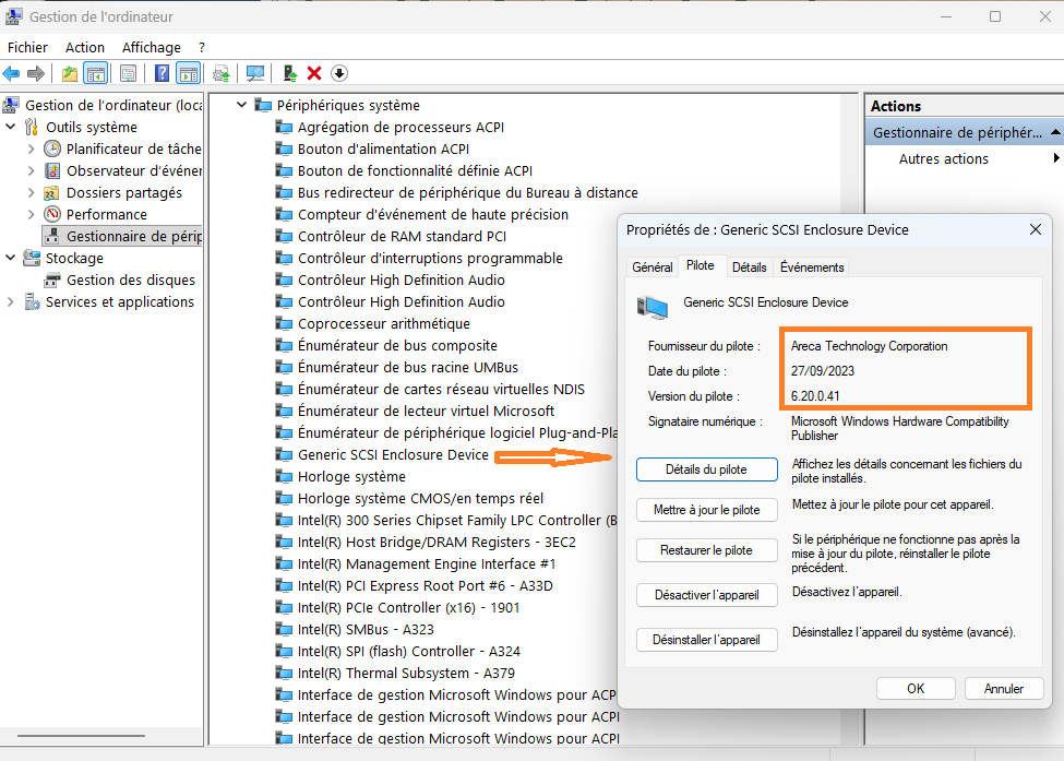 Capture d écran Gestion ordi propriétés SCSI Areca 2026 03 01 140339