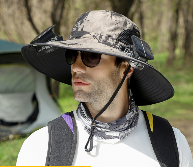 Dual Solar Fan Hat with Rechargeable Battery - Wide Brim UPF 50+ Sun Protection Bucket Hat - Khaki Ink Pattern for Fishing & Camping