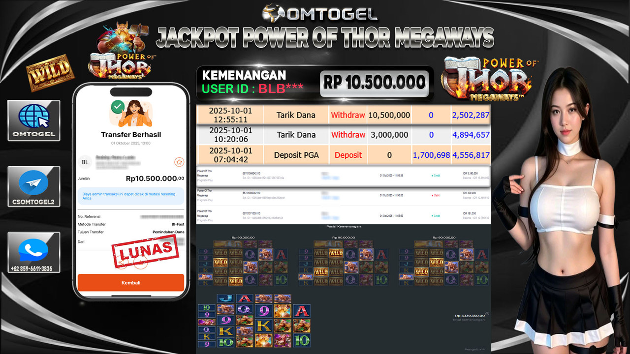OMTOGEL JACKPOT PRAGMATIC PLAY POWER OF THOR MEGAWAYS 10 JUTA DI BAYAR LUNAS ,-