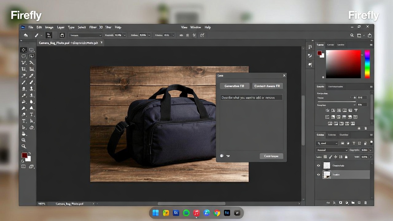 Adobe Firefly integrated into Photoshop, showing generative fill being used on a product photo for commercial use