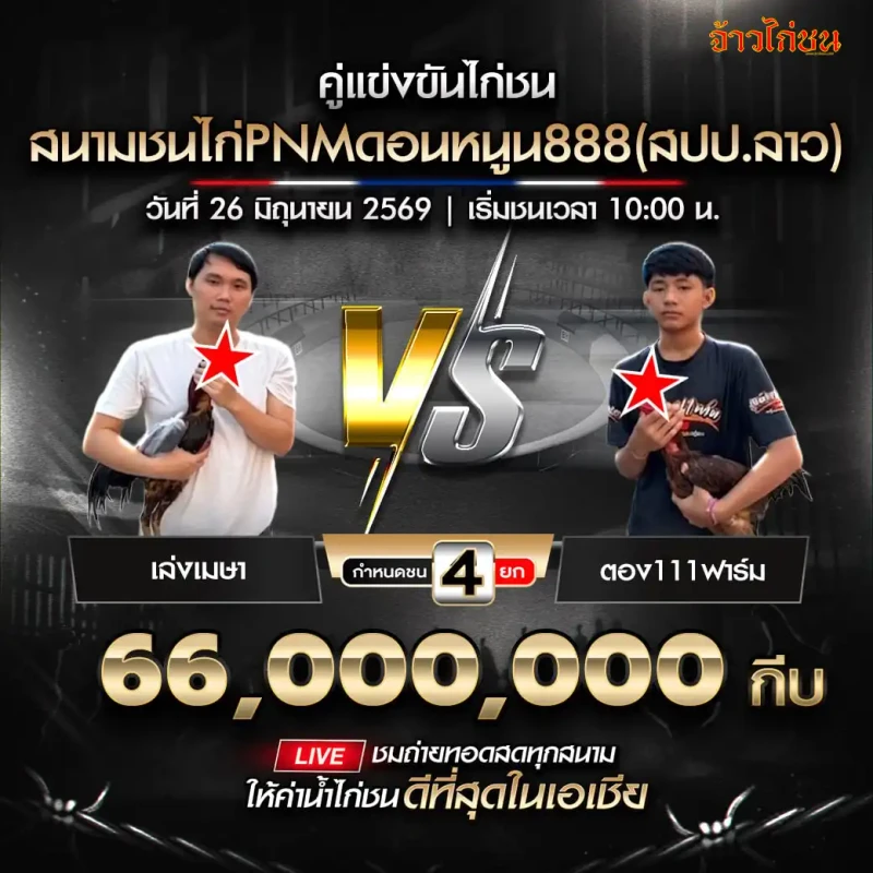 เล่งเมษา vs ตอง111ฟาร์ม โปรแกรมไก่ชน สนามชนไก่PNMดอนหนูน888 26 มิถุนายน 2569