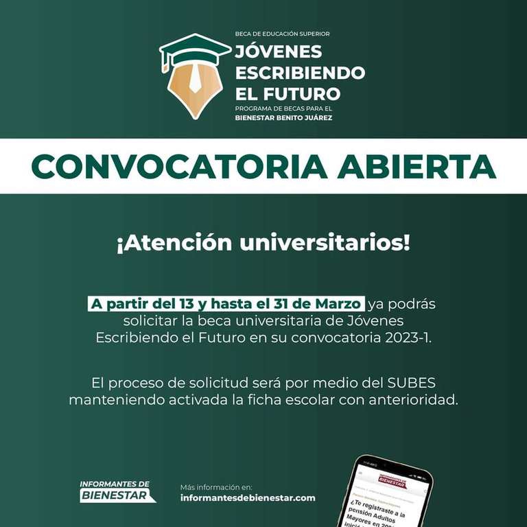 Beca Jóvenes Escribiendo el Futuro, Para Educación Superior ($2,575 mensual) 
