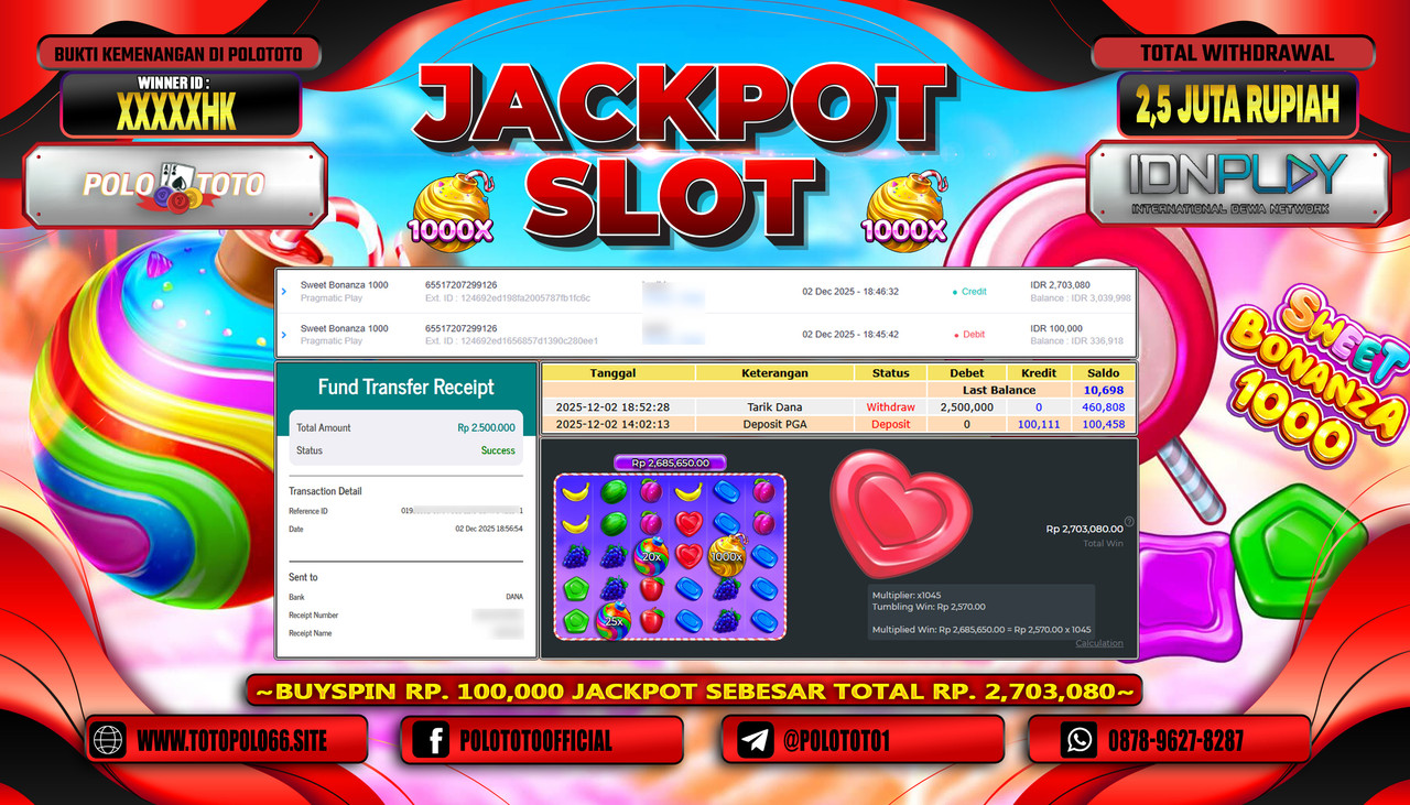 POLOTOTO JACKPOT SLOT SWEET BONANZA Rp.2.500.000,- LUNAS