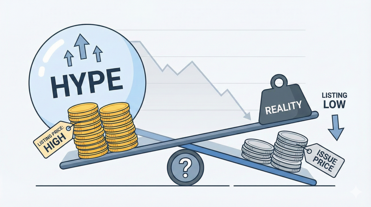 A seesaw showing “Hype vs Reality” with listing price falling below issue price.
