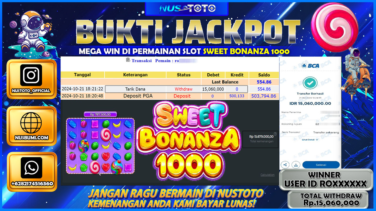 JACKPOT !! MENANG BESAR DI SLOT SWEET BONANZA 1000 Rp. 14.000.000 LANGSUNG DI BAYAR LUNAS NUSTOTO !!