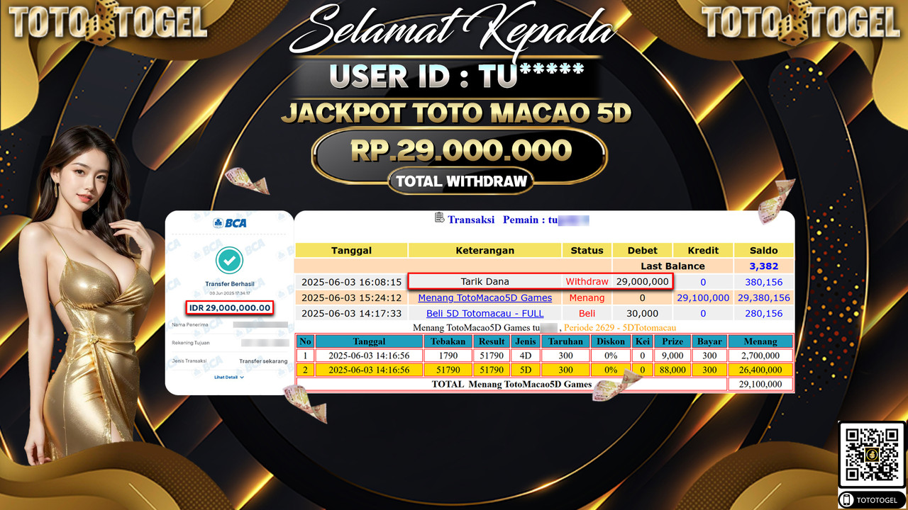 Bukti Pembayaran Jackpot Permainan Togel Toto Macao 5D ID:TU***** LUNAS