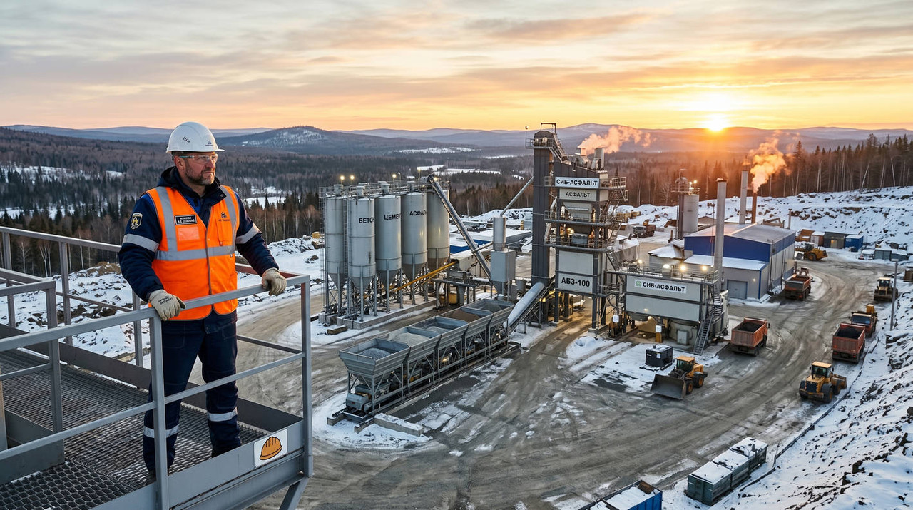 Инженер на фоне современного асфальтобетонного завода контролирует производственный цикл для обеспечения долговечности дорожного покрытия