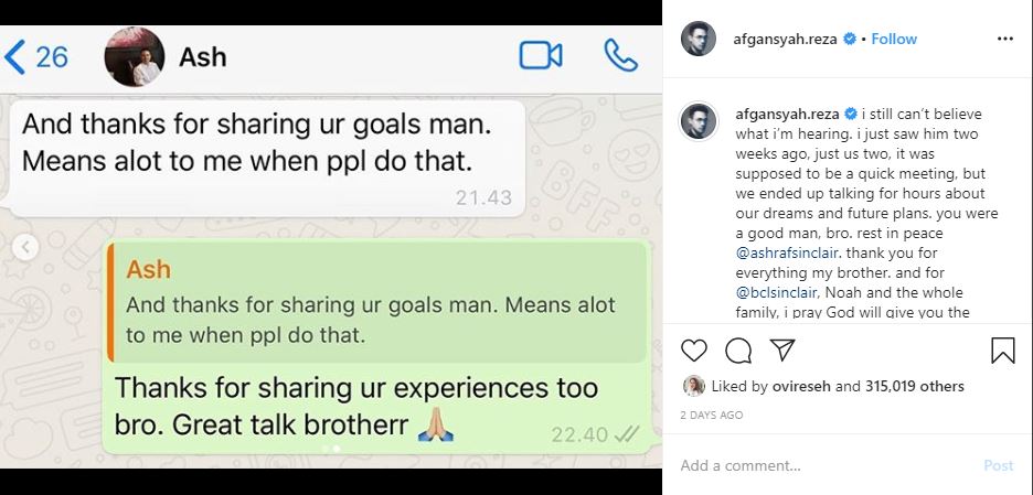 Afgan Ungkap Percakapan Terakhirnya Bersama Ashraf Sinclair (Instagram.com/afgansyah.reza)