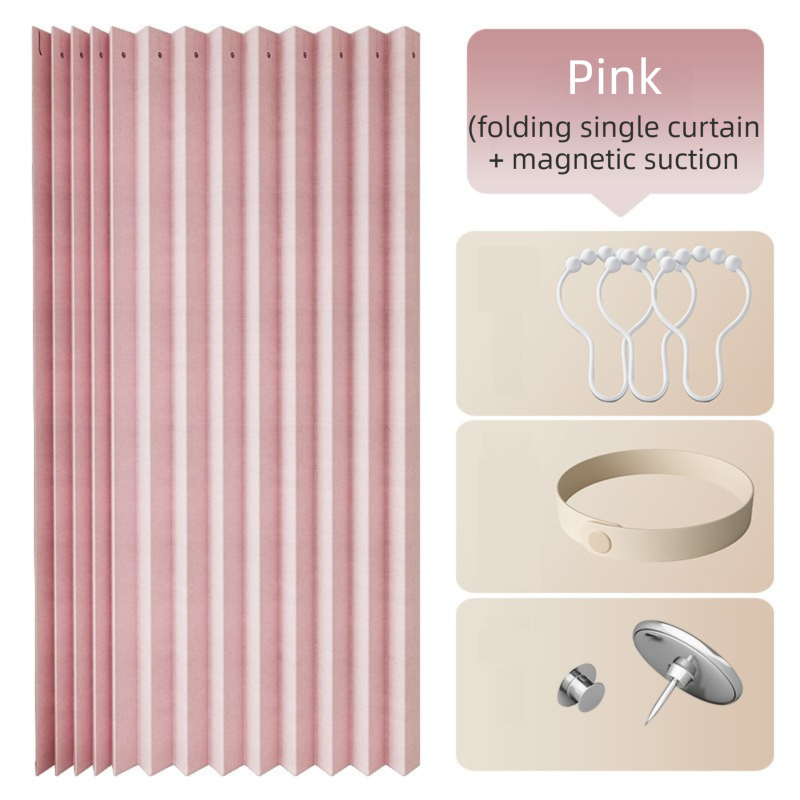 100 X 180 CM Pink Linen-Look Dust Drill-Free Pull-Curtain - Folding Doorless Closet Divider with Magnetic Closure & Hanging Rings