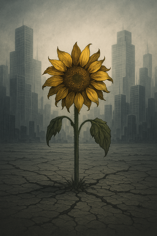 Un solo girasol en un paisaje futurista desolado