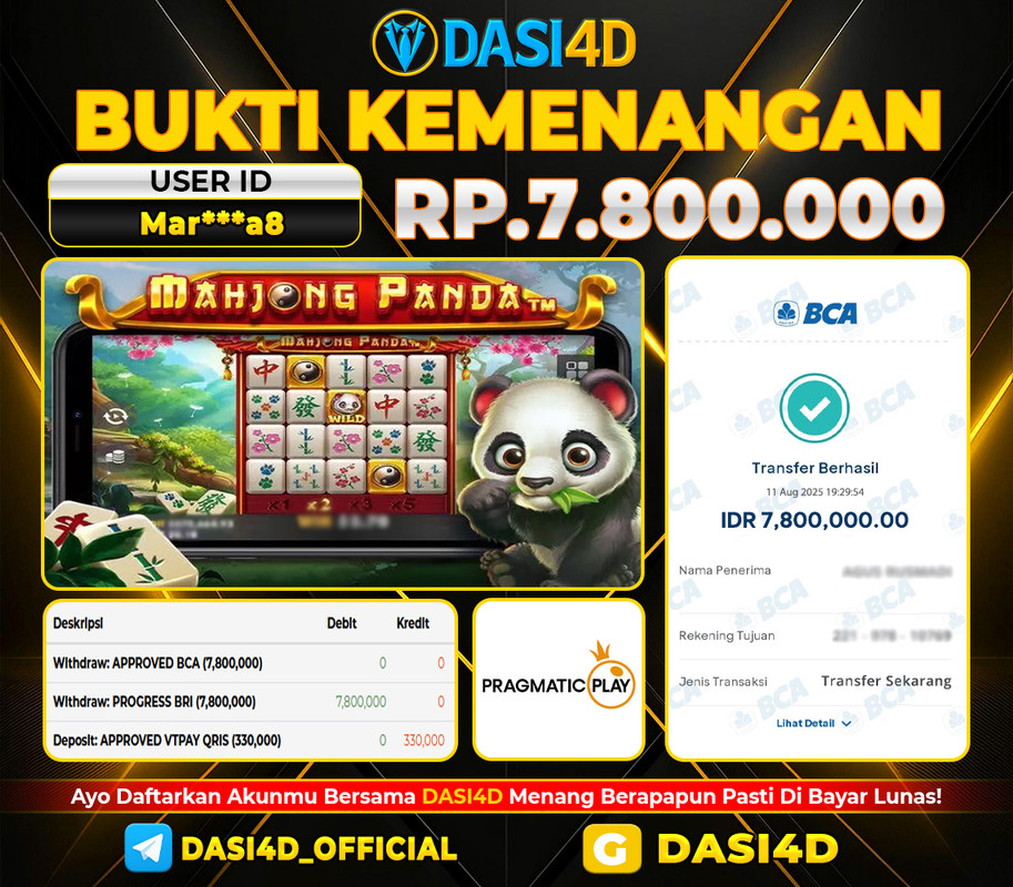 BUKTI KEMENANGAN 11 AGUSTUS 2025 DI MAHJOJNG PANDA WD 7.800.000