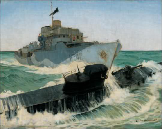 Oleo que representa a Wolf Danckworth cayendo por la borda a las aguas desde la torreta del U224 y al HMCS Ville de Quebec, cuando lo embiste