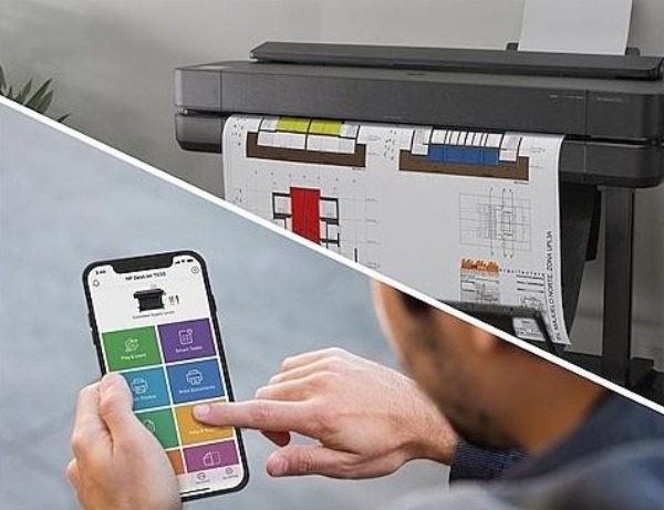 Aplicativo HP Smart em um smartphone, gerenciando a impressora