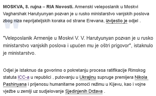 "Veleposlanik Armenije u Moskvi V. V. Harutyunyan pozvan je u rusko ministarstvo vanjskih poslova i upućen mu je oštri prigovor" Screenshot-11811