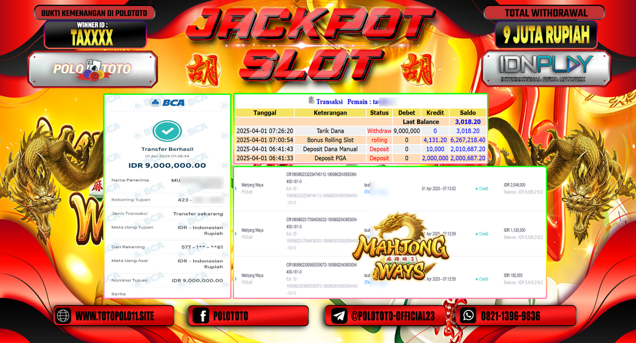 POLOTOTO JACKPOT SLOT MAHJONG WAYS  Rp.9.000.000,- 