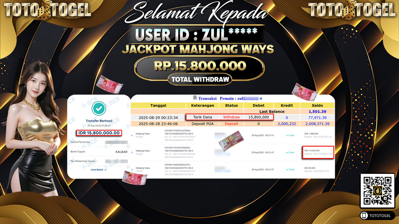 Bukti Pembayaran Jackpot Permainan Slot Mahjong Ways ID:ZUL***** LUNAS