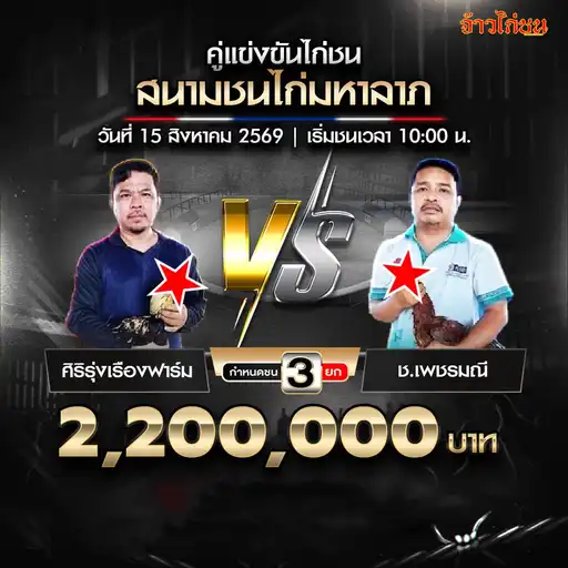 ศิริรุ่งเรืองฟาร์ม พบ ช.เพชรมณี สนามชนไก่มหาลาภ 15 สิงหาคม 2569