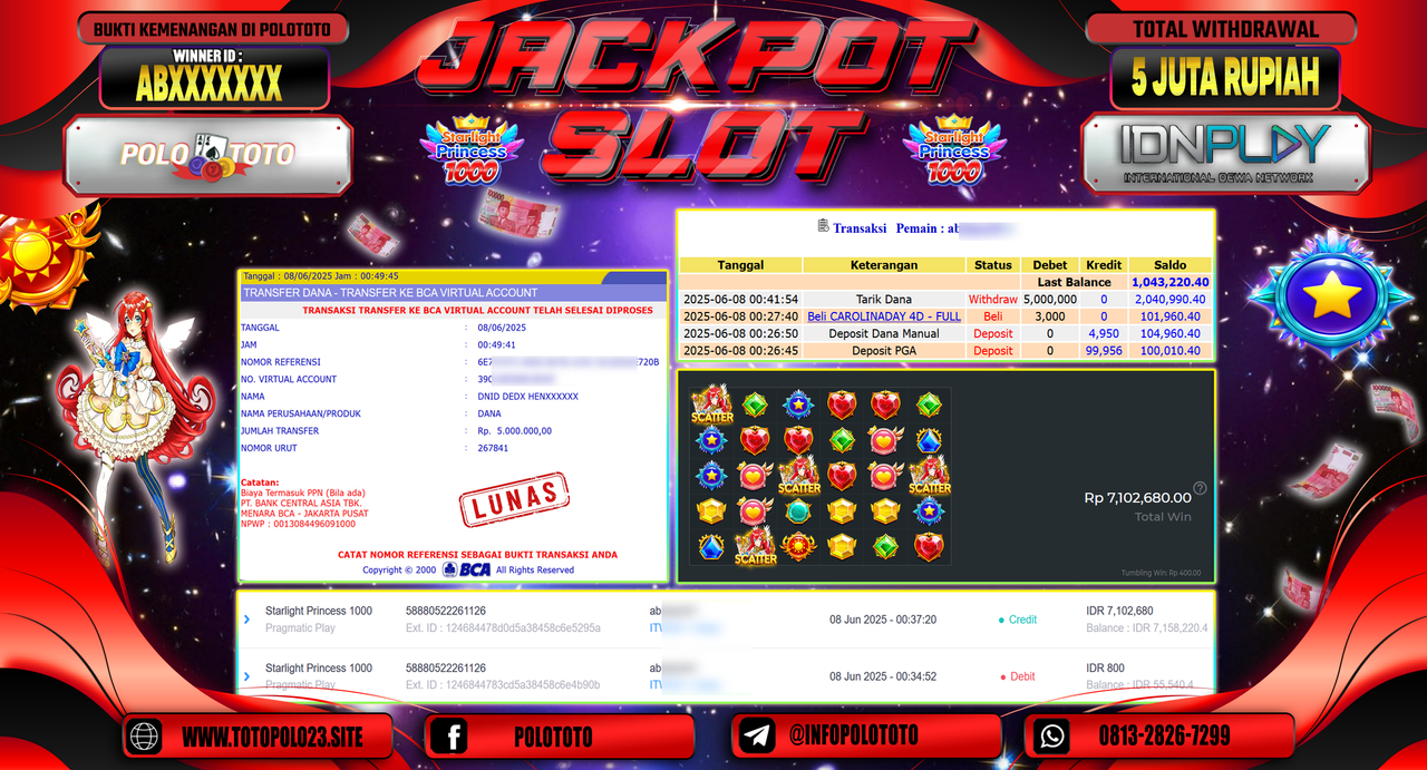 POLOTOTO JACKPOT SLOT STARLIGHT PRINCESS 1000 Rp.5.000.000,-