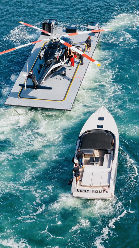 Floating helicopter landing pad on the water in Miami