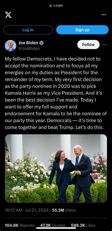Joe Biden on X My fellow Democrats, I have decided not to accept the nomination and to focus all my 
