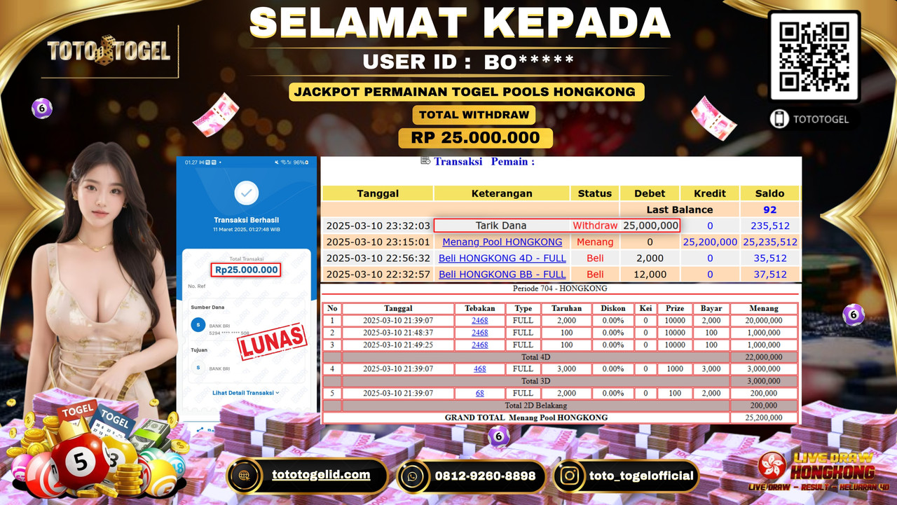 Bukti Pembayaran Jackpot  Permainan Togel Pools Hongkong ID:BO***** LUNAS