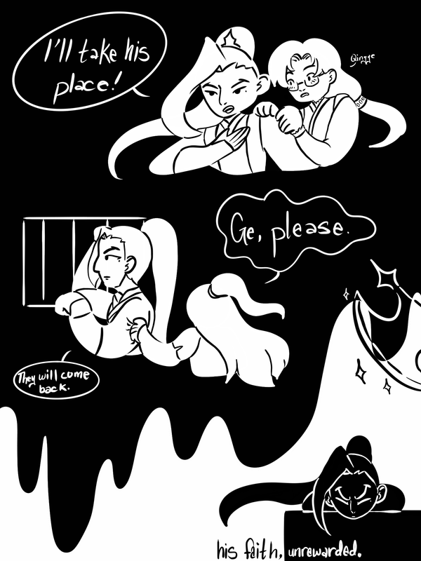Three panels. Liu Qingge takes Shen Yuan place. Liu Mingyan begs her brother to escape. Liu Qingge faces Shen Yuan punishment of execution.