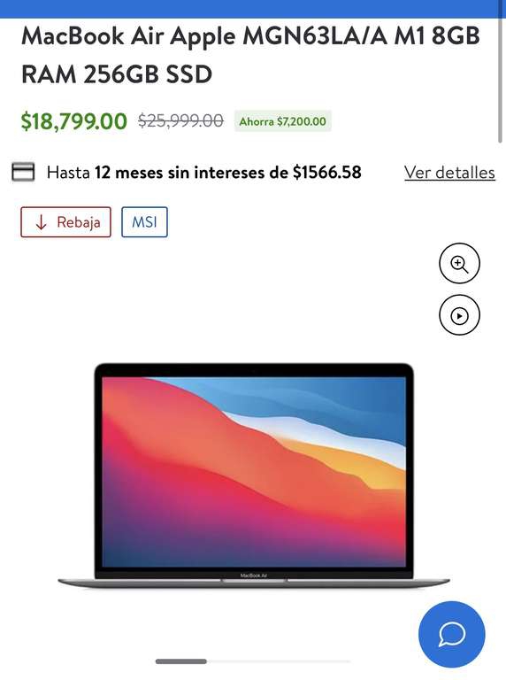 Walmart: MacBook Air Apple MGN63LA/A M1 8GB RAM 256GB SSD - $2,000.00 de descuento en macbook 
