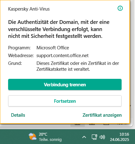 Kaspersky-Warnung vor Office-Zertifikat