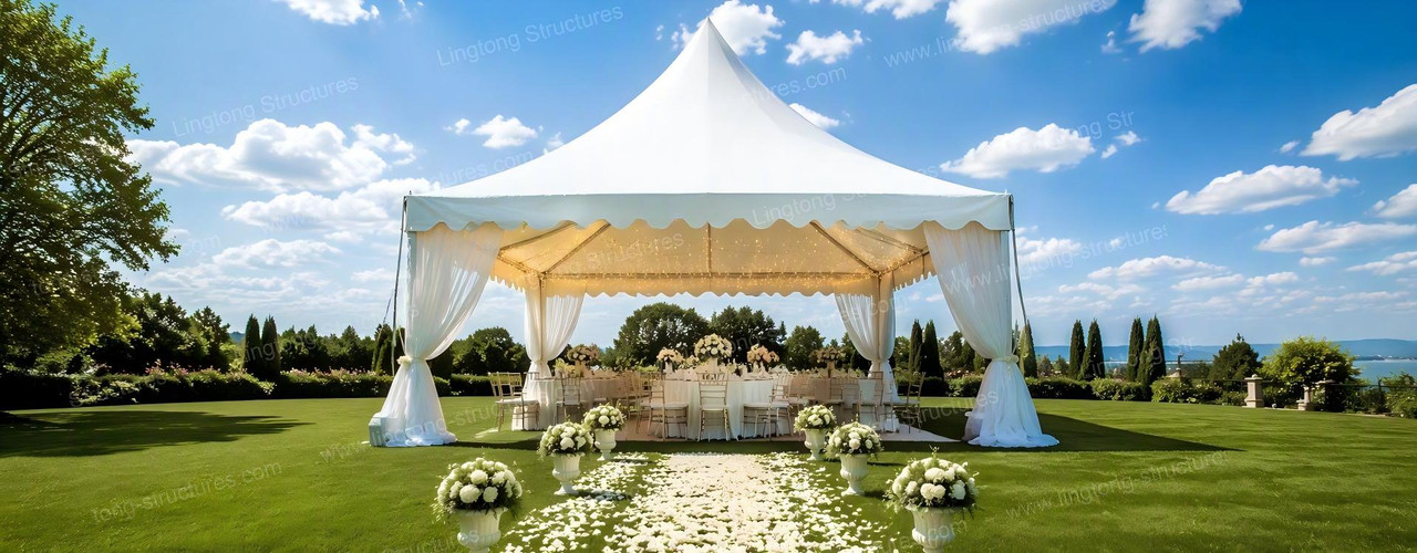 Lingtong pagoda wedding marquee with square base and tapered peak design for outdoor ceremony