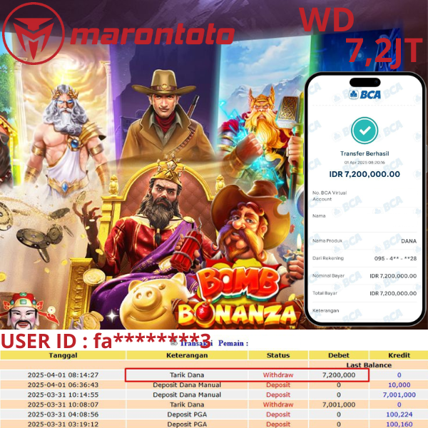 Bukti Kemenangan Member Marontoto Sebesar 7,200,000 JuTa