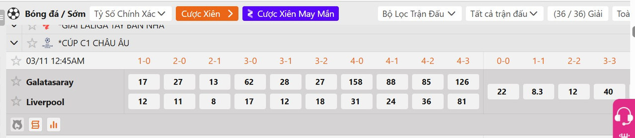 Tỷ lệ tỷ số chính xác Galatasaray vs Liverpool