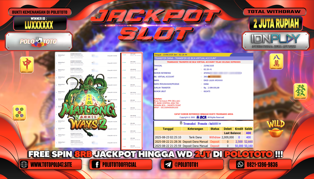 POLOTOTO JACKPOT SLOT MAHJONG WAYS 2 Rp.2.009.000,-