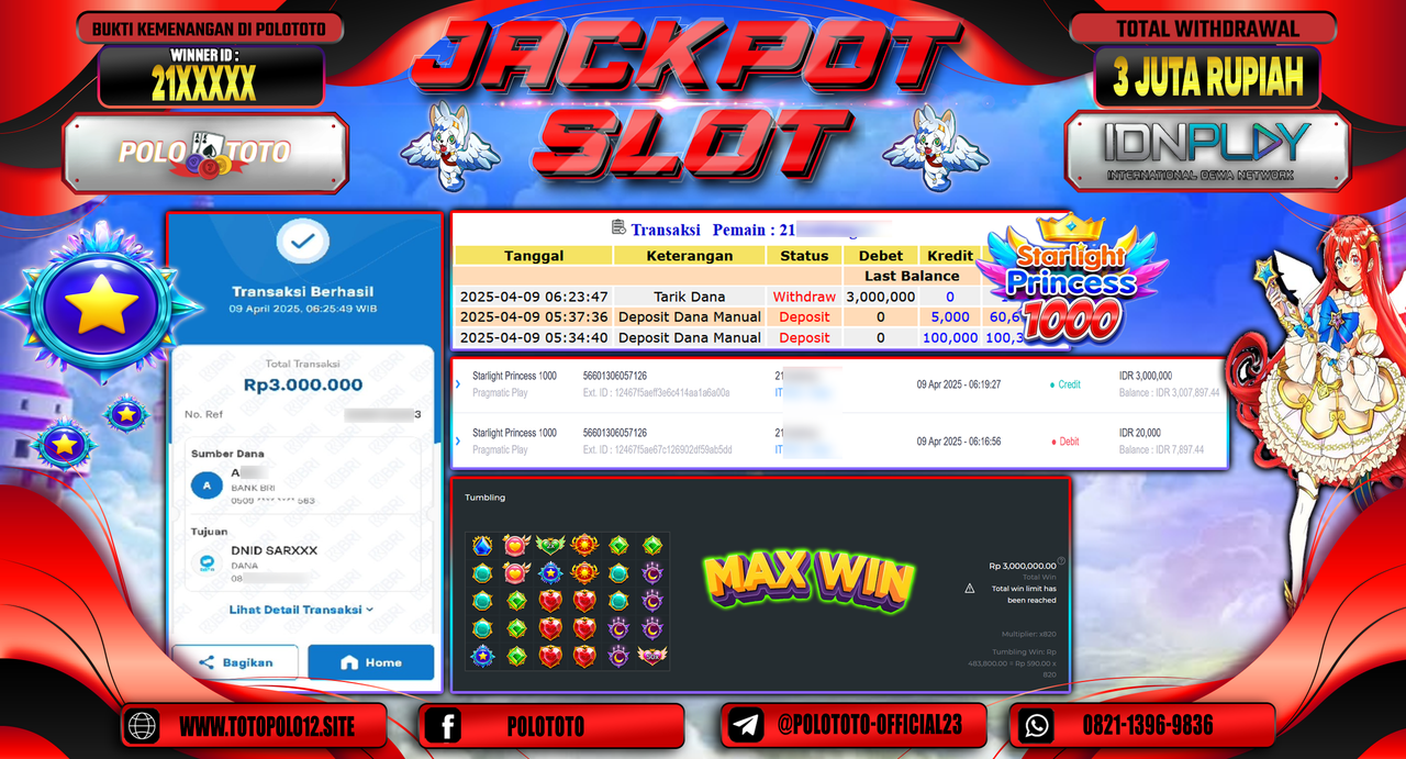 POLOTOTO JACKPOT SLOT STARLIGHT PRINCESS 1000  Rp.3.000.000,-